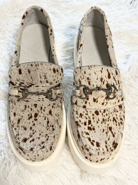 Alcala’s Boots Marijka Cowhair Horsebit Loafers Brown White Spots Size 10